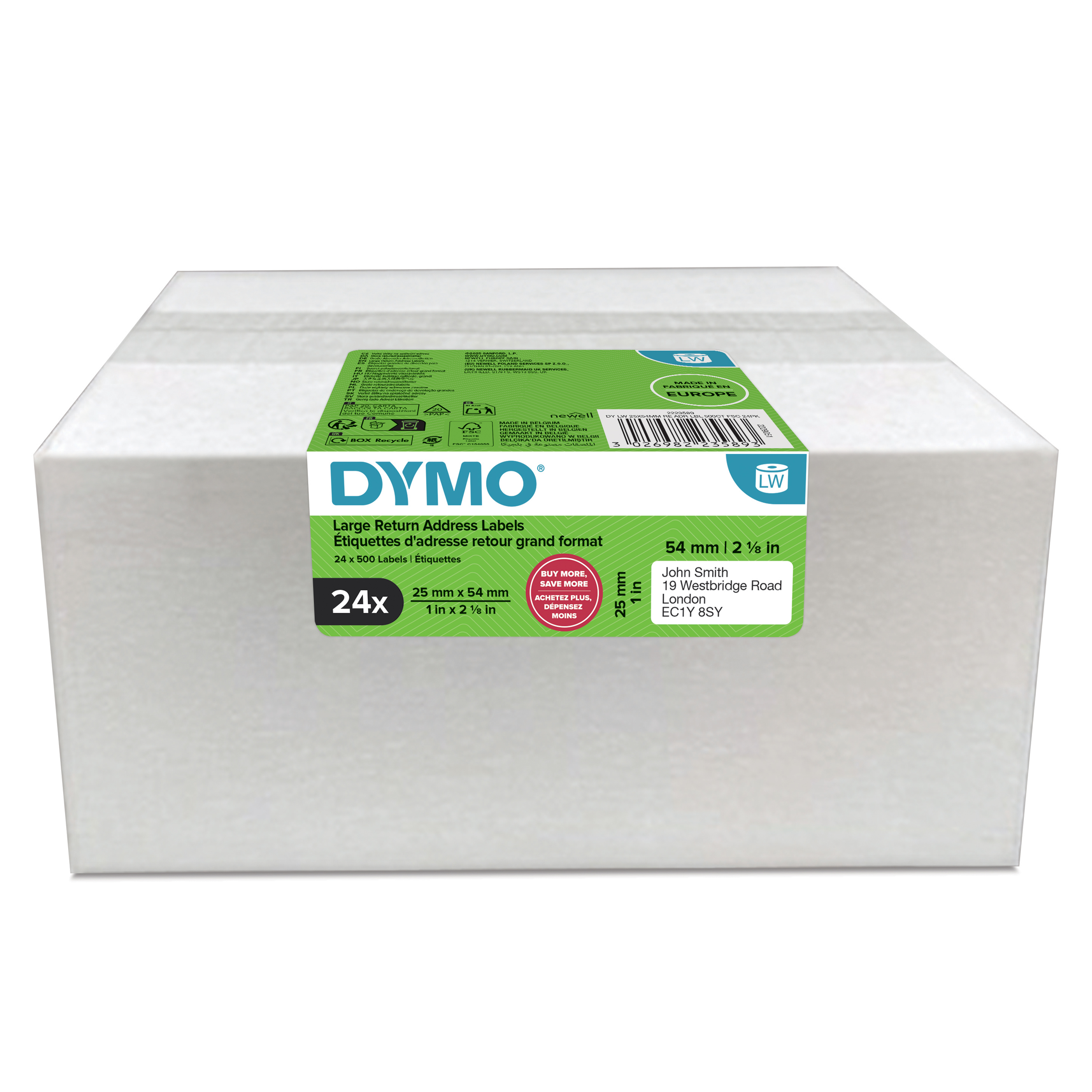 DYMO Etikettenrolle für Etikettendrucker weiß, 25,0 x 54,0 mm, 24 x 500 Etiketten