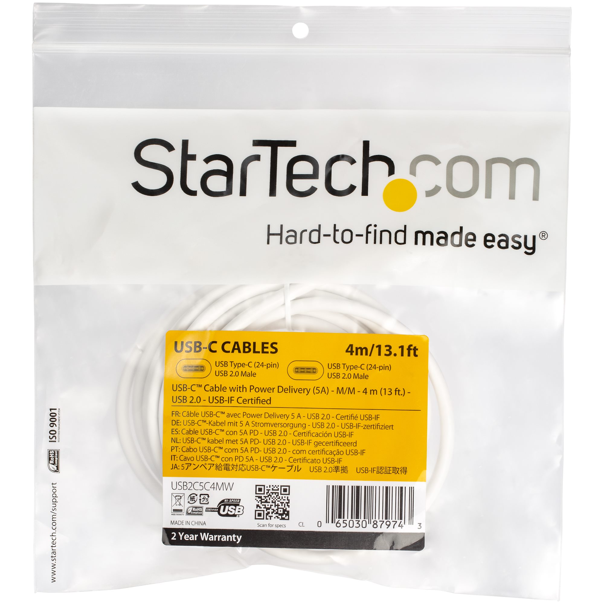 STARTECH.COM USB-C auf USB-C Kabel mit 5A Power Delivery - St/St - Weiss - 4m - USB 2.0 - USB-IF zertifiziert - USB Typ C Kabel