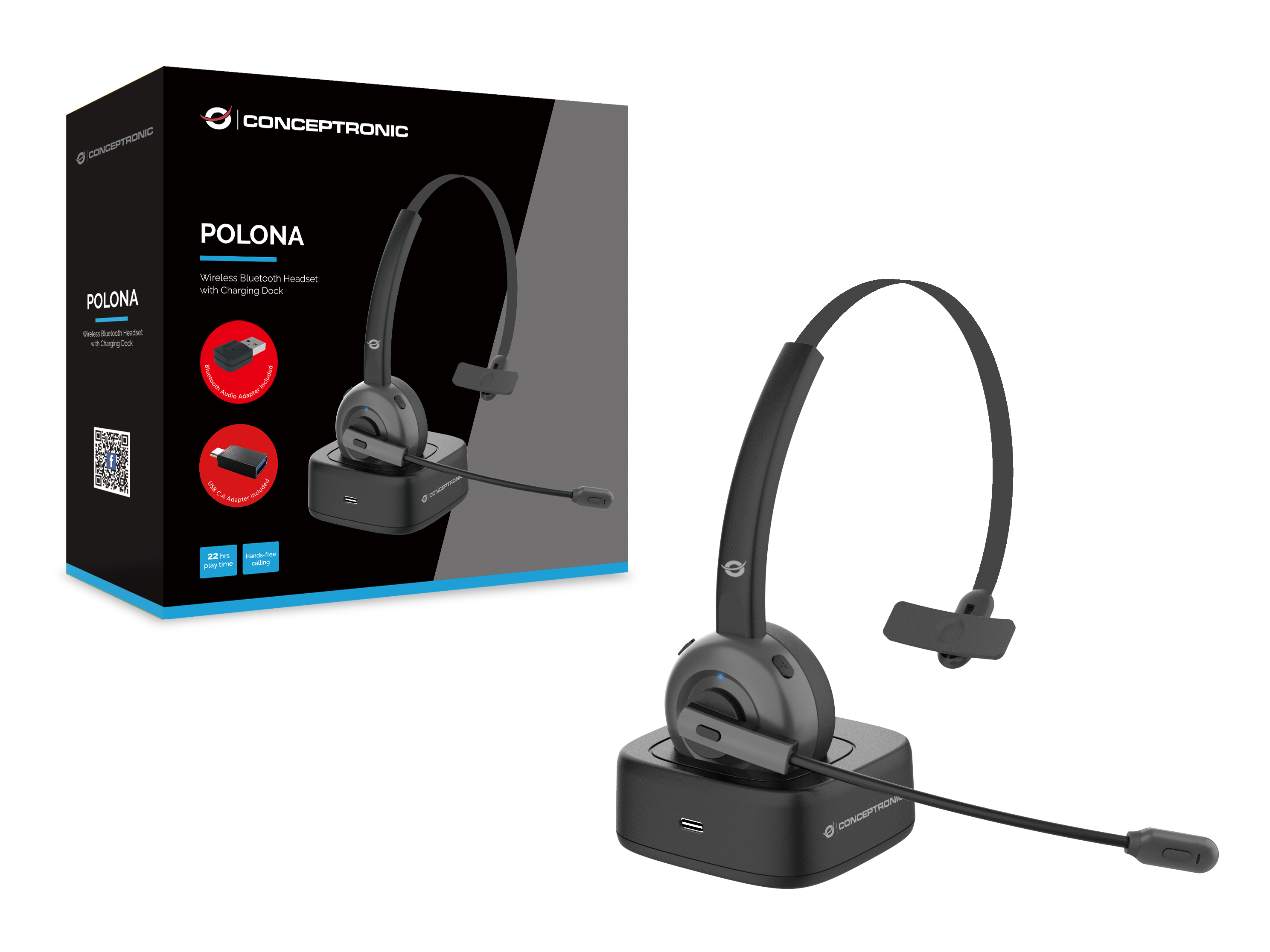 CONCEPTRONIC Headset Mono WLS BT5.0/Mikro/ANC/Dock/+22Std sw