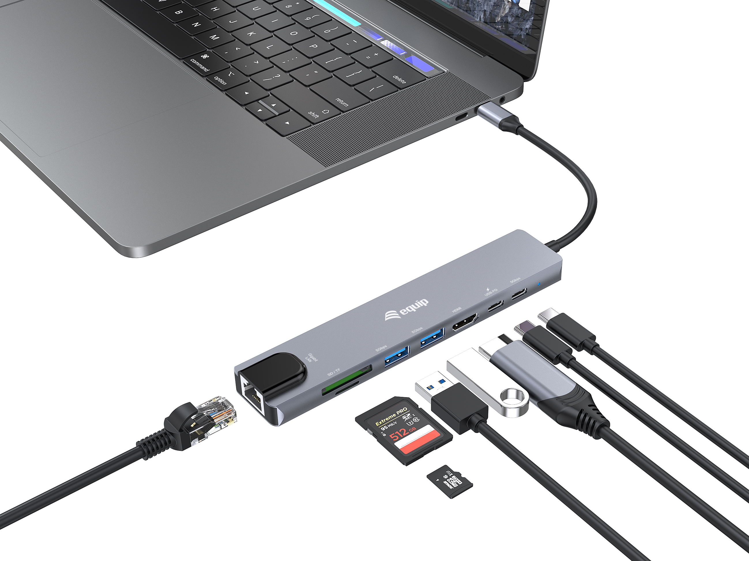 Equip Adapter USB-C->HDMI/GbE/2xUSB-A/+ 4K/ 30Hz 0.25m Alu.