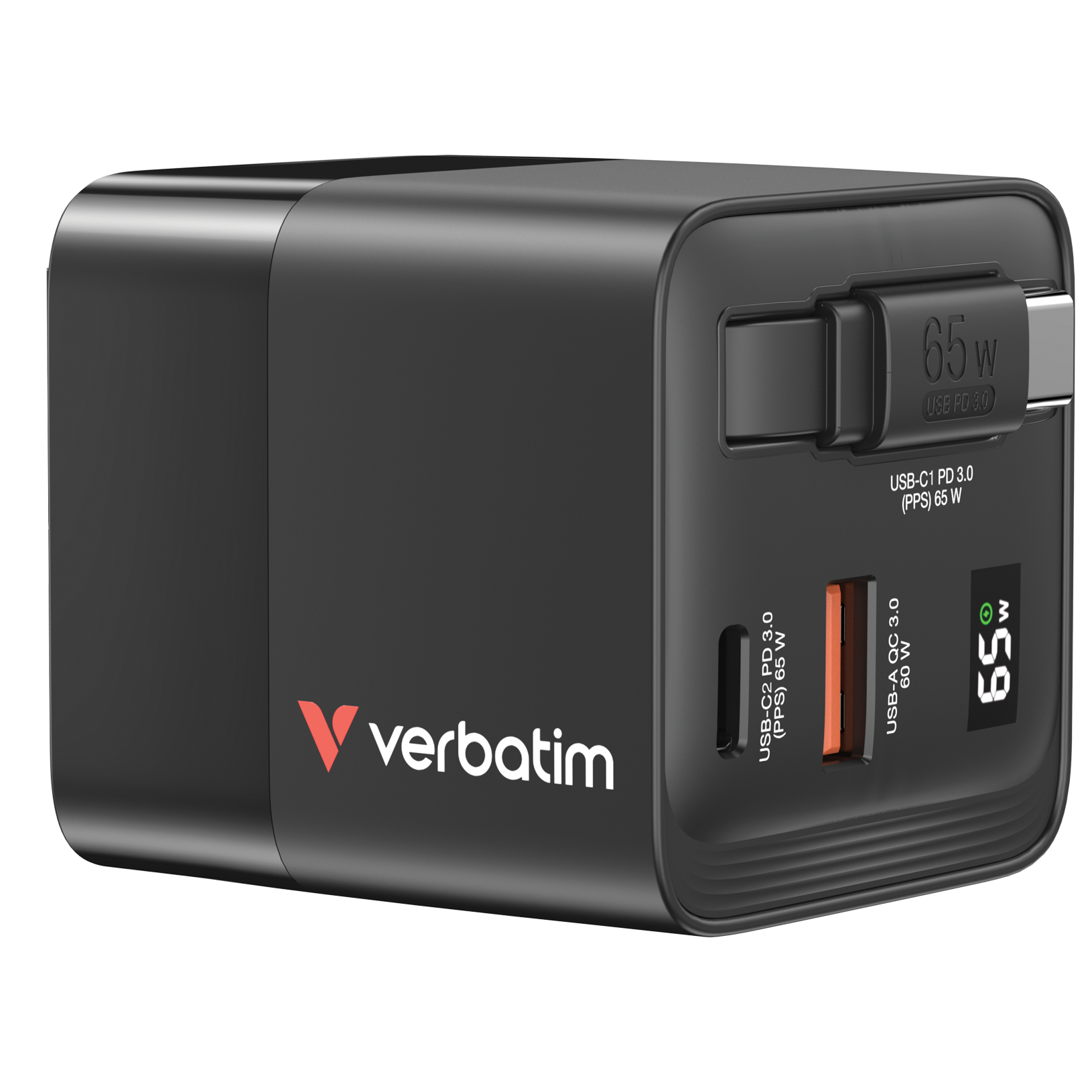Verbatim Gan Charger 65W 2xUSB-C PD,1xUSB-A, retrac. Cable 32217
