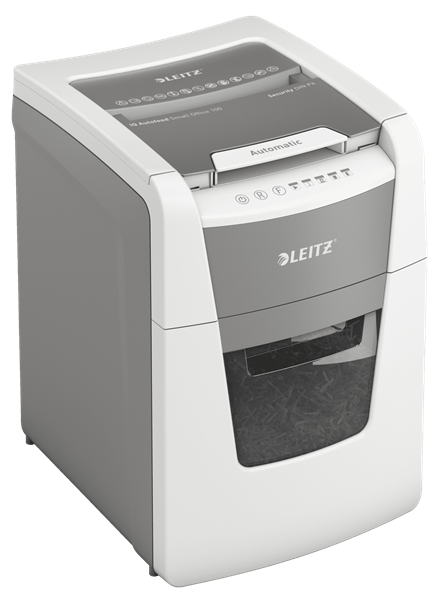 LEITZ IQ Autofeed Small Office 100 Aktenvernichter mit Partikelschnitt P-4, 4 x 28 mm, bis 100 Blatt, weiß