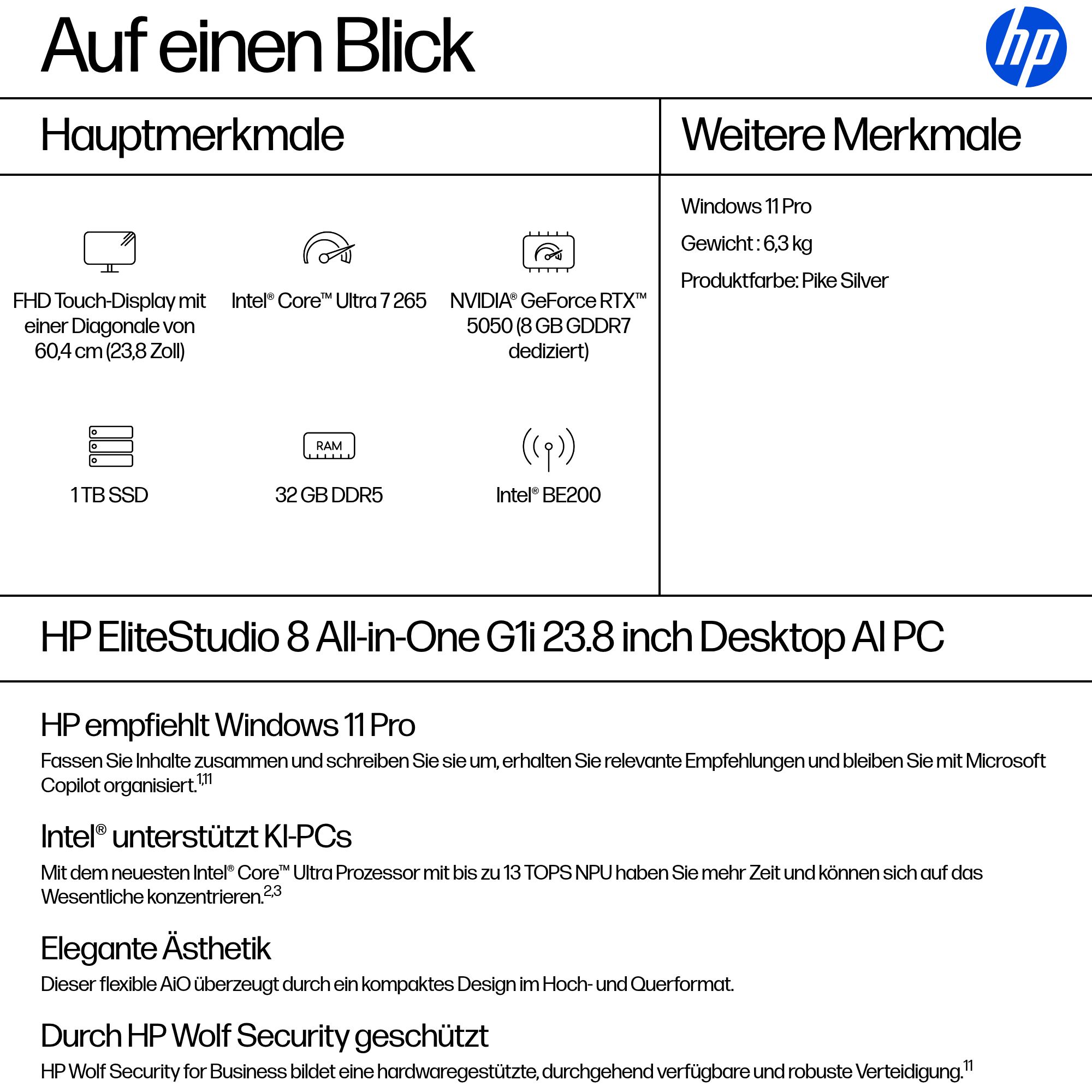 HP Elite Studio 8 AiO Intel Core Ultra 7 265 60,45cm 23,8Zoll FHD 32GB 1TB/SSD W11P 3J Gar (DE)