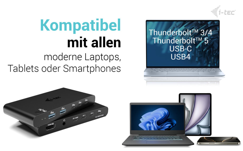 I-TEC KVM Docking Station HDMI for 2 hosts 1x HDMI 3xUSB-C 3.2 Gen1 2x USB-A 3.2 Gen 1 1x 3,5mm Audio/Mic Power Delivery 2x 100W