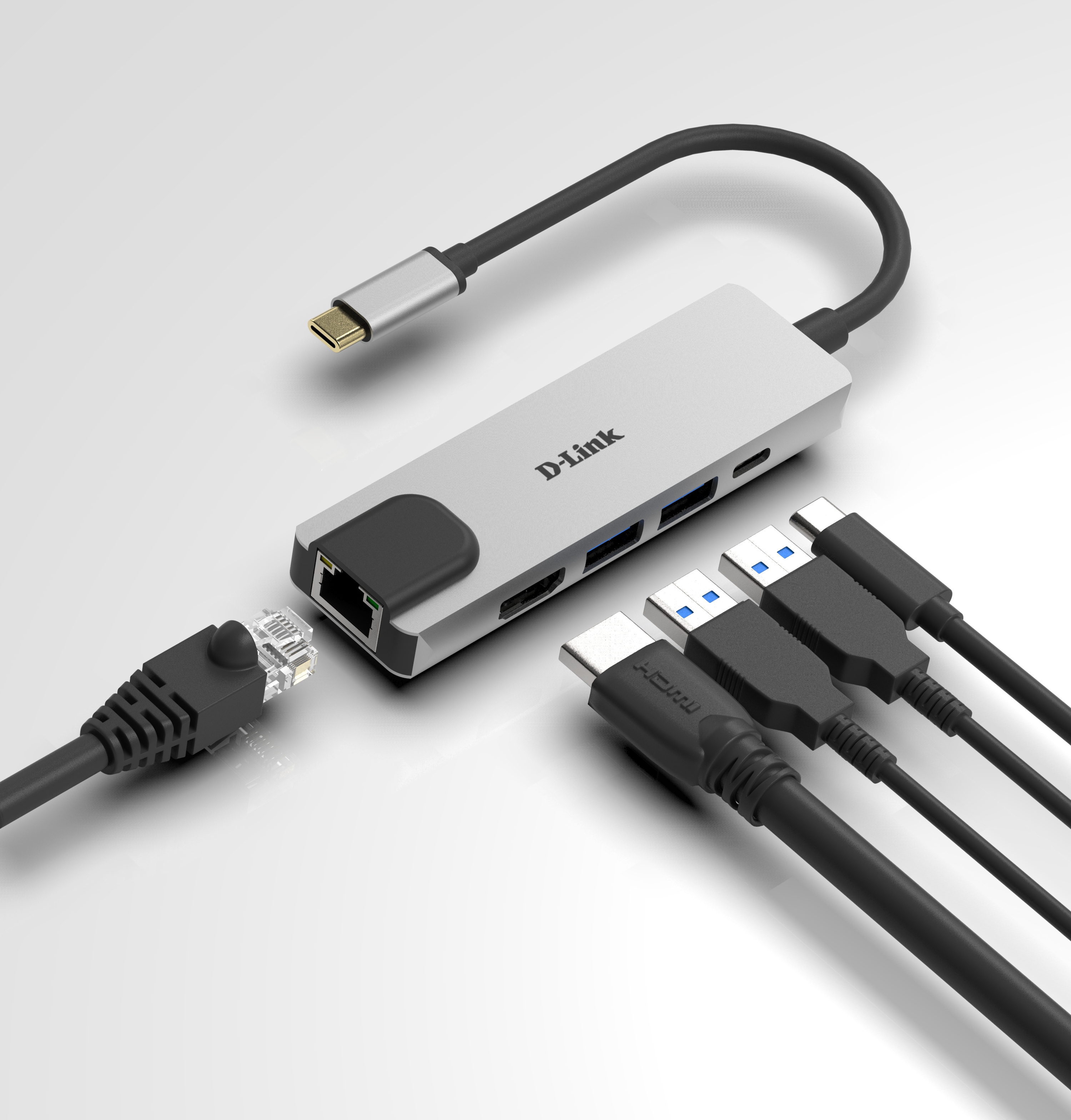 D-LINK DUB-M520 5-In-1 USB-C Hub 2x SuperSpeed USB 3.0 1x 4K HDMI 1x USB-C mit Ladefunktion bis 60W 1x RJ-45